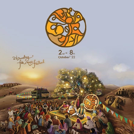 A poster for the Rajasthan Kabir Yatra festival with people gathered around a circle.