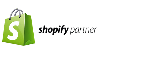 Shopify partner logo with a green shopping bag on a website.