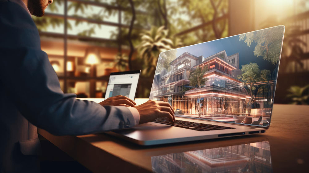 Man using a laptop featuring a real estate architectural design of a modern building on the screen, seated at a desk in a dimly lit room.