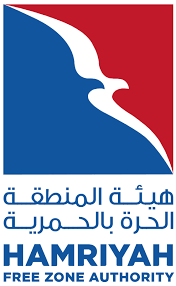 Logo of Hamriyah Free Zone Authority featuring a stylized white bird in flight against a split background of blue and red, with Arabic and English text referencing real estate.